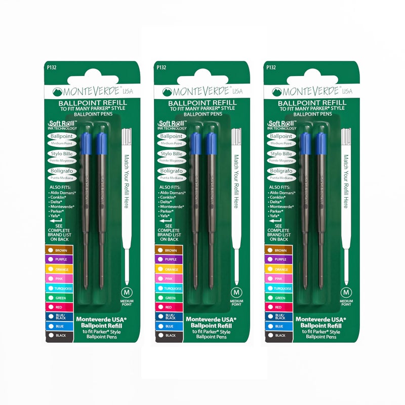 Monteverde Soft Roll Ballpoint Pen Refills to Fit Parker-Style Pens, Medium Point, Blue, 6-Pack, Smooth Writing Technology for Parker, Conklin, Schmidt, and More - Image 1